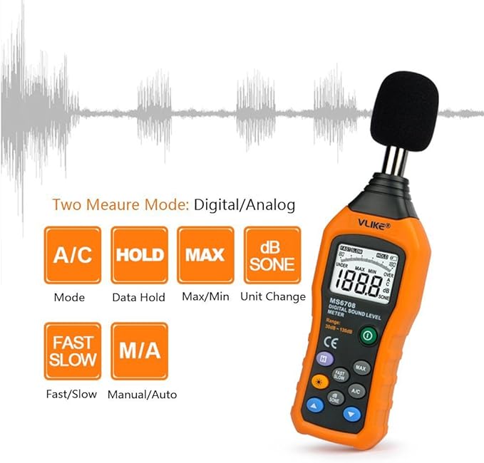 VLIKE LCD Digital Audio Decibel Meter Sound Level Meter Noise Level Meter Sound Monitor dB Meter Noise Measurement Measuring 30 dB to 130 dB A/C Mode (Batteries Not Include)
