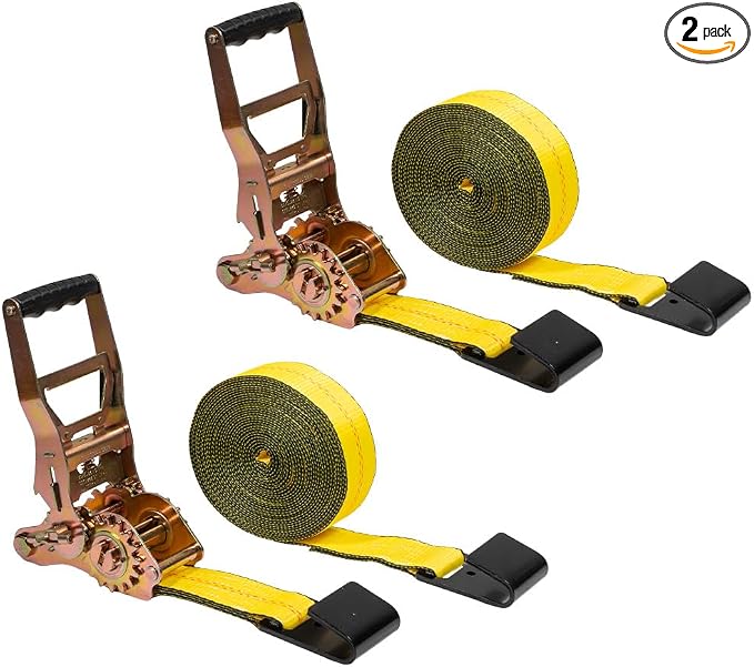 Mytee Products 2 Pack 2" x30' Self-Tensioning Ratchet Tie Down Straps with Flat Hooks - 3,333 Lbs WLL - Heavy Duty Tie Down Ratchet Straps for Flatbed, Truck, Trailers, Cargo, Pickup - Yellow