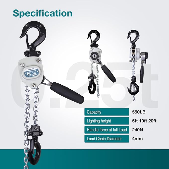 TOYO Mini Chain Hoist 550lb,5 ft Lever Hoist 1/4 ton mini Puller 1.5 M Lever Chain Hoist with 2 Heavy Duty Hook for Warehouse Garages Building Automotive Machinery (550Lb 5Ft)