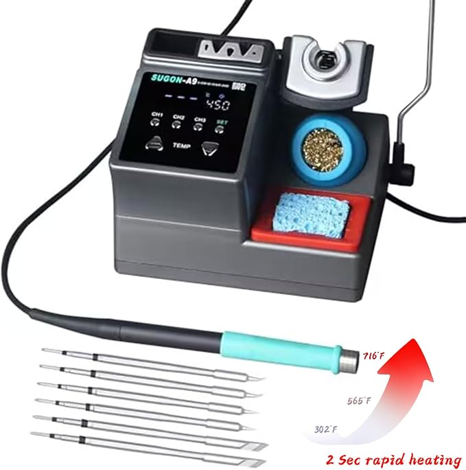 SUGON A9 245 Digital Soldering Station 3 Seconds Fast Heating, 110V Soldering Iron Station of with 6 Integrated Soldering Iron Tips Equipped, 212-842℉, Soldering Iron Replacement Rack,etc