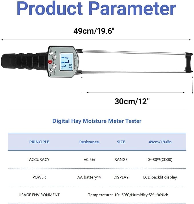 Digital Hay Moisture Meter Tester, Portable Hay Moisture Meter Tester with 12" Probe with LED Warning & Automatic Temperature Compensation for Forage and Alfalfa,Hay Moistures Testing