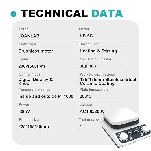 JOANLAB Magnetic Stirrer Hot Plate HS-6C | 280°C, 200-1500 RPM, 3L Stirring Capacity | Digital, External Probe Included, 110V