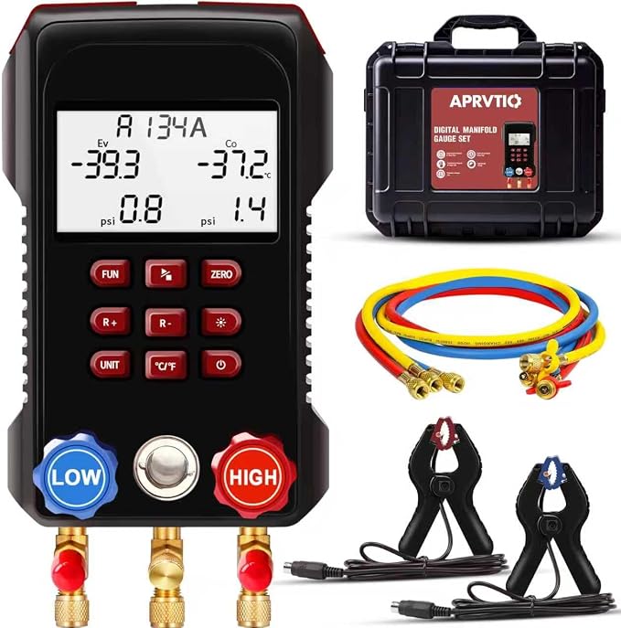 HVAC Manifold Gauge Set with 93 Refrigerants, Aprvtio AMF-300 with 3000 PSI Hoses & Dual Temperature Clamps, AC Refrigerant Gauges for Automotive & Residential Systems R134a R22 R12 R410A