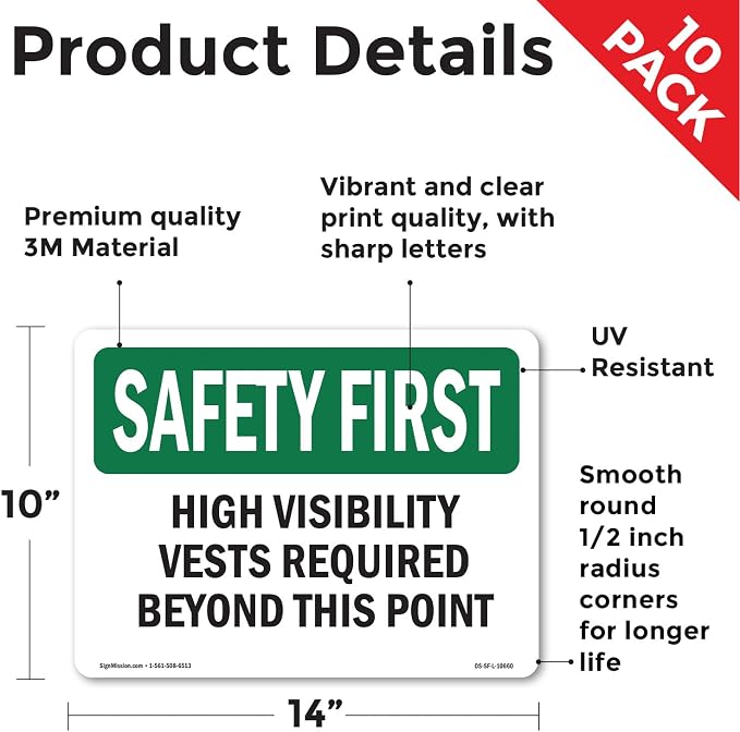 High Visibility Vests Required Beyond This Point OSHA SAFETY FIRST Vinyl Decal Label 14 Inch x 10 Inch - 10 Pack