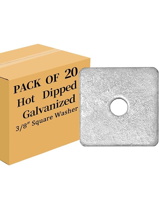 20-Pack 3/8” Hot-Dipped Galvanized Steel Square Washers, Flat Pad Spacer for Square Nut Fasteners, 3/8” ID x 2” Square x 0.18” Thick