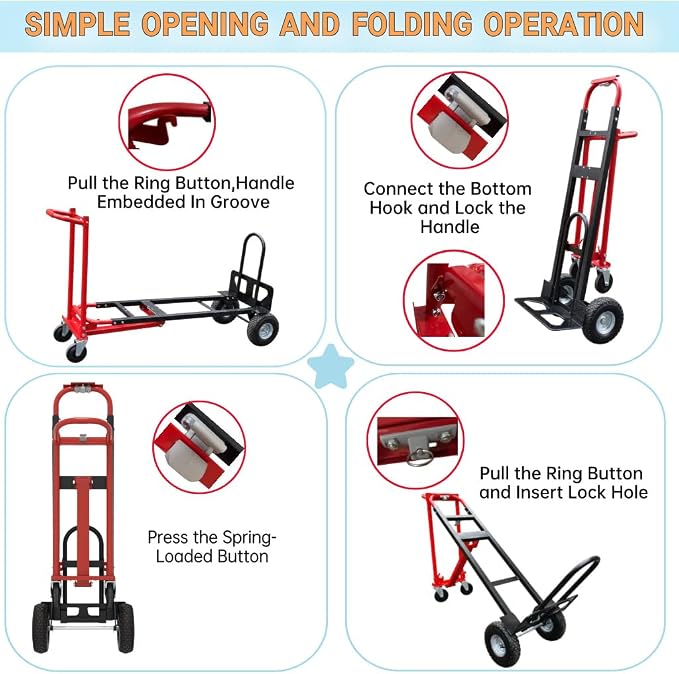 Red Convertible Hand Truck Dolly Cart with 4 Wheels Heavy Duty,1000 Lbs Capacity, 2 Straps for Moving Furniture/Appliance/Carton/Warehouse/Office/Easy to Follow Video to Install
