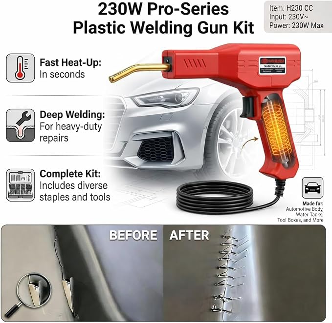 Upgraded 230W 2-in-1 Plastic Welder Kit,Hot Stapler Soldering Gun with 1200PCS Staples & 120PCS Welding Rods,Built-in Temperature Control Protector, Suitable for Most Plastics