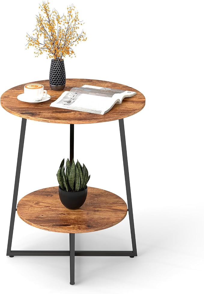 Round End Table - 23.6" H Side Table with Metal Frame, Industrial Accent Tables for Living Room Bedroom, Rustic Brown (1 Pack)