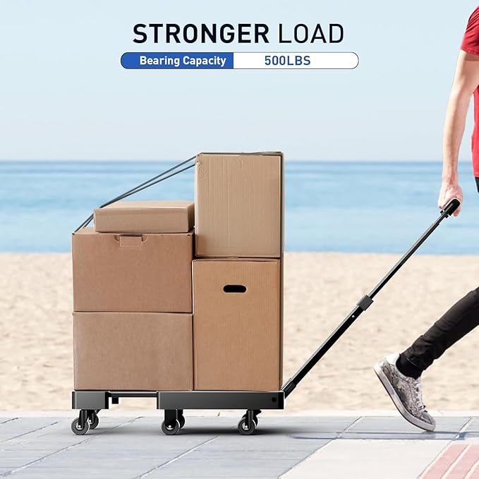 SPACEKEEPER Folding Hand Truck, 500 LB Heavy Duty Luggage Cart, Utility Dolly Platform Cart with 6 Wheels & 2 Elastic Ropes for Luggage, Travel, Moving, Shopping, Office Use, Black
