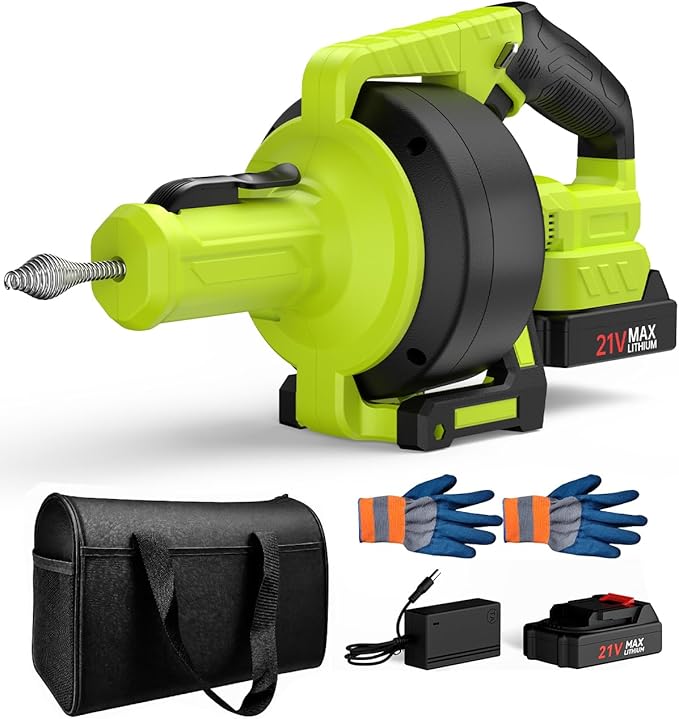 Ublue 21V Cordless Electric Drain Auger, 25Ft Auto Feed Drain Snake for Clog Remover with 2.0Ah Battery, Plumbing Snake for Sink Toilet Bathroom Shower Pipes 3/4"-2.95", Included Bag Gloves Rag