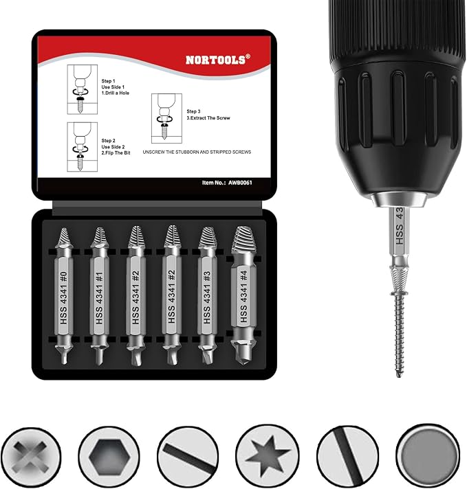Damaged Screw Extractor Set，6pcs Stripped Screws Nuts Bolts for Removing Rusted and Damaged Hardware, Nuts and Bolts, Drill Bit Tools
