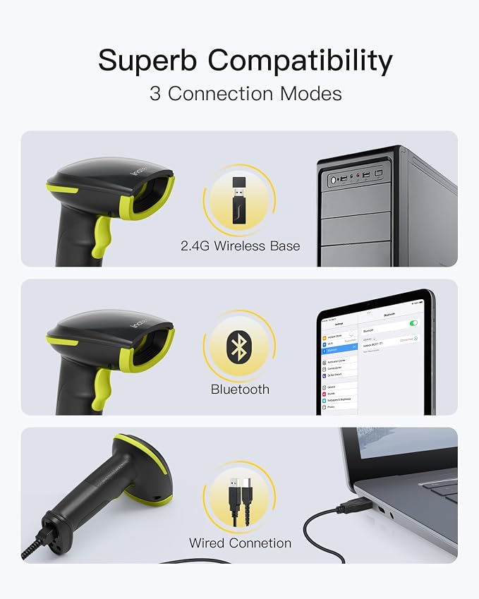 Inateck 2D Barcode Scanner, Wireless Bluetooth QR Barcode Scanner, Handheld Scanner with APP and SDK, 1 Charge for 3 Months, BCST-23 Green