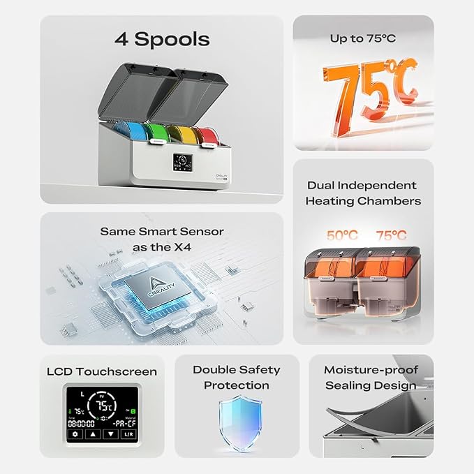 Creality Filament Dryer, Space Pi X4L Filament Storage Box for 4 Spools, Dual Independent Heating Chambers, 75℃ Max Temperature, Compatible with 1.75mm 2.85mm PLA PETG ABS TPU PC PA PAHT
