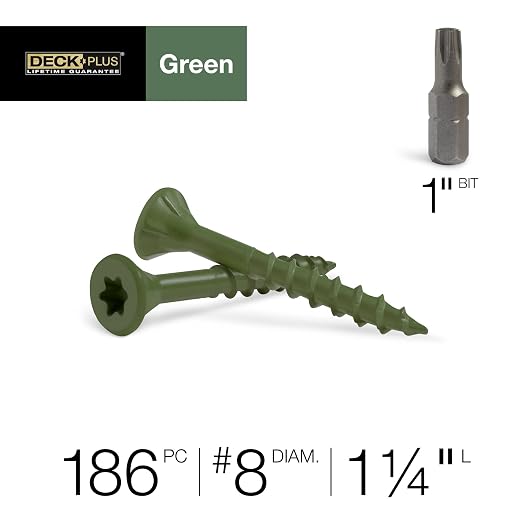 Deck Plus 1-1/4 Inch Epoxy Coated Exterior Wood and Fence Screws #8 x 1-1/4" Torx/Star Drive Included Coarse Thread, Outdoor Rust Resistant Decking Screw, Green, 1lb Box, 186 Pieces | 48396