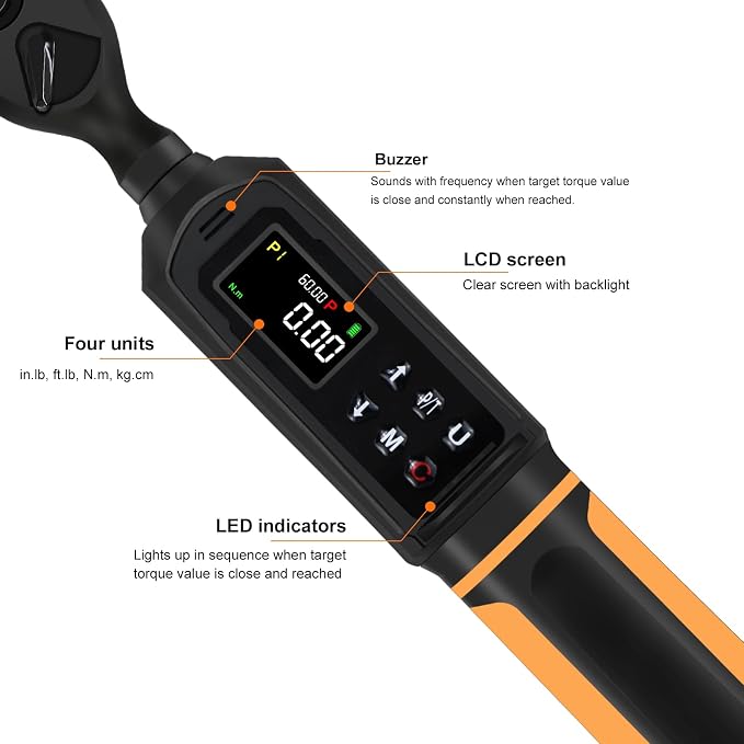 Uharbour Digital Torque Wrench 3/8" Drive, 0.66-44.29Ft.lbs/0.9-60Nm Range, Electric Torque Wrench with Dual Direction Ratchet, ±1% Accuracy with Vibration, Buzzer and LED Alert