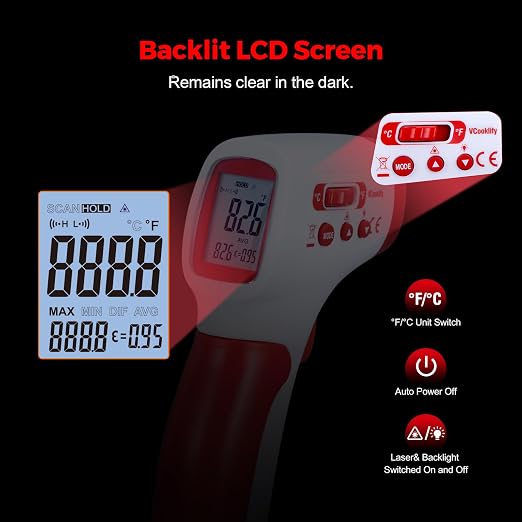 Infrared Thermometer for Meat,Laser Temperature Gun,-58~1112°F,DS 12:1 Digital IR Temp Gun with Adjustable Emissivity&High/Low Alarm,LCD Display Thermal Gun for Food Oven Cooking HVAC