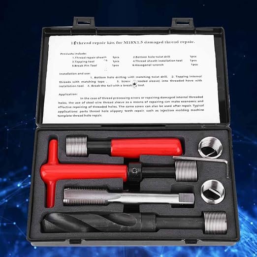 Thread Repair Tool Kit,10Pcs M18x1.5mm Stainless Steel Twisted Drill Tap Wrench Threaded Insert Tap Insertion Tool for Damaged Thread Repair