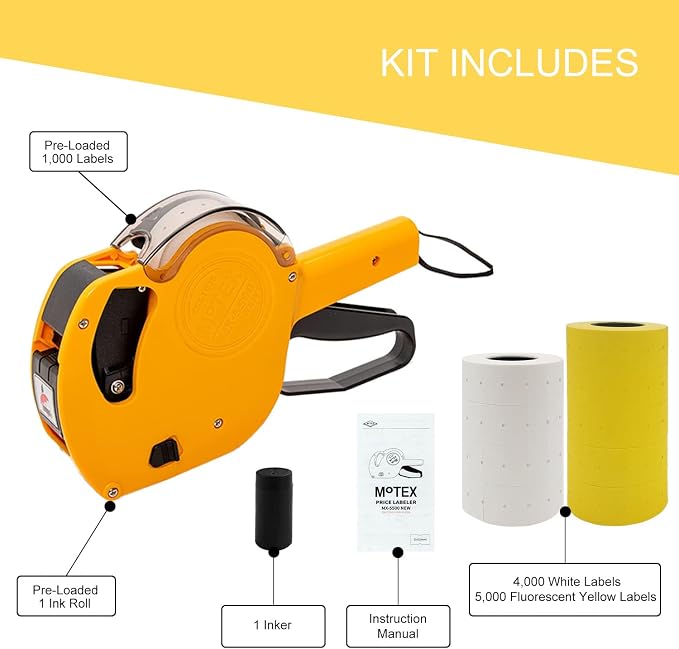 Motex MX-5500 New Version 1 Line 8 Digits Price Tag Gun Kit (Yellow Kit - 4 White + 5 Yellow Rolls)