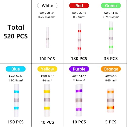 520PCS Solder Stick Wire Connectors, Waterproof Solder Wire Connector Kit for Marine (26-6 Gauge)