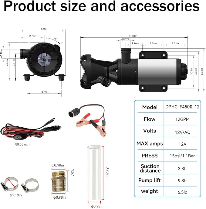 RV sewage pump,Portable Smash Waste Pump, 12V, 12GPM, low noise, suitable for RVs, yachts, kitchens, bathrooms, with quick release capability