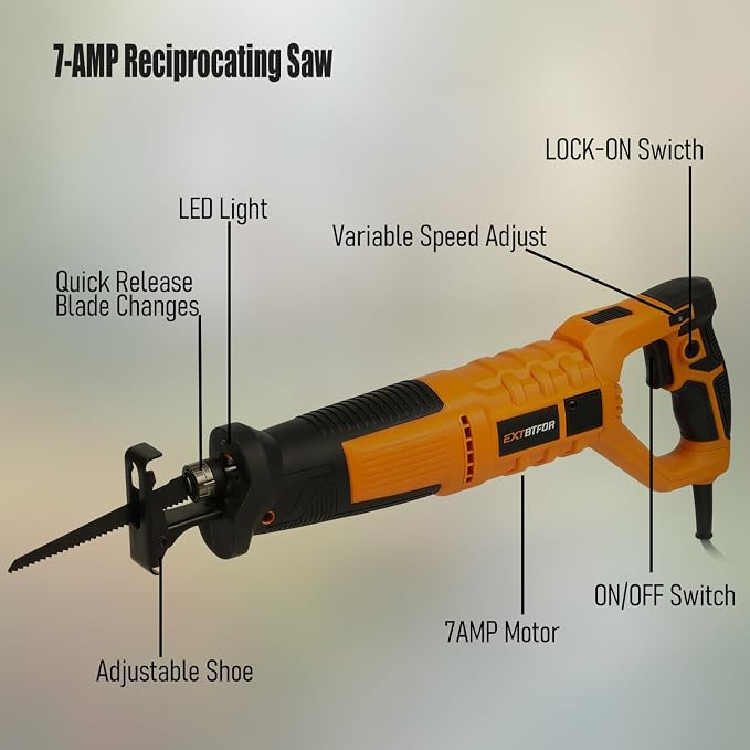 7Amp Reciprocating Saw, 360° Rotating Handle Power Reciprocating Saw with Variable Speed,1-1/10"Stroke Length Equipped with 5 Saw Blades for Wood,Metal Sheets and PVC Cutting