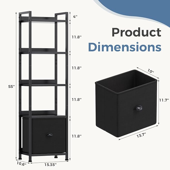 DUMOS 5 Tier Bookshelf with Fabric Drawer, Tall Industrial Bookcase, Narrow Display Standing Shelf, Black Wood and Metal Storage Shelf Organizer in Bedroom, Living Room, Black