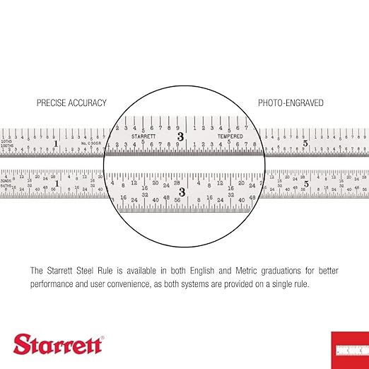 Starrett Spring Tempered Steel Rule with Regular Steel Finish, Quick Reading, and Inch Graduation - 6" Length, 4R Graduation Type, 3/64" Thickness - 604R-6