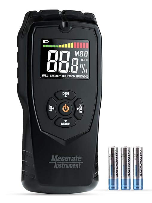 Moisture Meter Damp Meter Pinless Wood Moisture Meter for Walls Logs Firewood and Building Material, 4 Mode 9 Density Settings, Non-Destructive Moisture Detector with Backlit LCD and Alerts (Black)