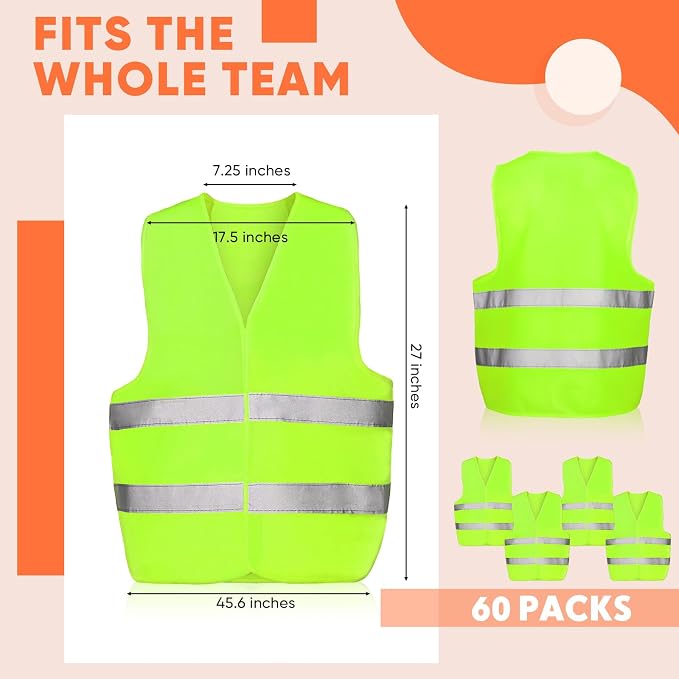 Tarpop 60 Packs Safety Vests Pack High Visibility Construction Vests Reflective Working with 2 Reflective Strips