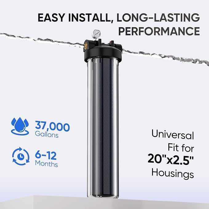 PUREPLUS 5 Micron 20" x 2.5" Whole House PFAS Removal Replacement Water Filter, Coconut Shell Activated Carbon Filter, Compatible with C1-20, EP-20, HX-CB-25-2010, F3WCB32,2PACK