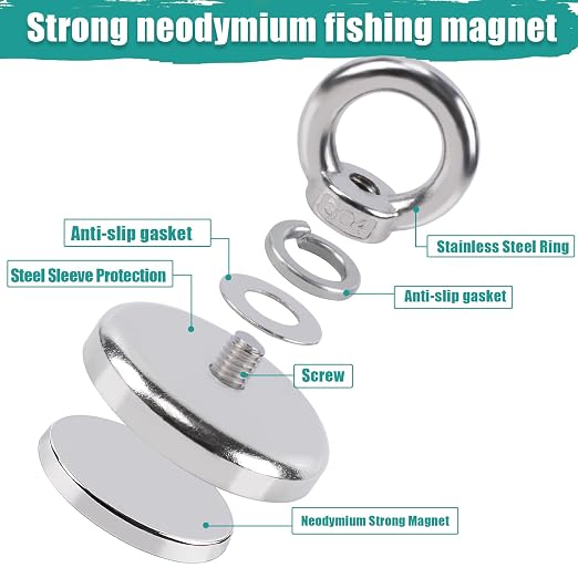 5 Pcs Lift Fishing Magnets, Large Rare Earth Neodymium Salvage Magnets for Removing with Durable Rope, Carabiner, Gloves, Grappling Hook & Carry Case, D1.26''(32 mm)