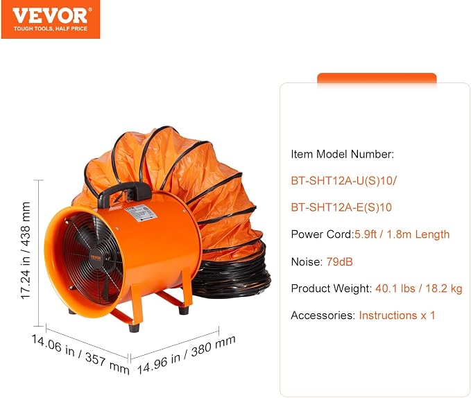 VEVOR Air Mover Blower Fan 12 Inch, 3198CFM 585W with 33ft Flexible Duct, Industrial Portable Ventilator Blower/Exhaust