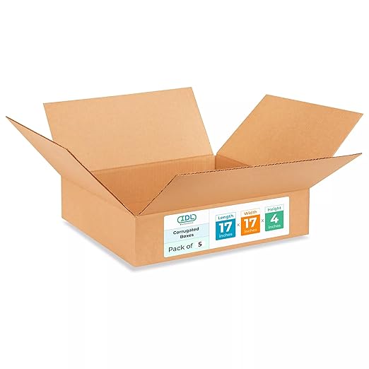 Medium Shipping & Moving Boxes 17 x 17 x 4 inches (5-Pack) - Extra Strength 200 lb vs Regular - USA-Made Corrugated Cardboard Boxes for USPS/UPS/FEDEX - Durable Medium Box for Moving by IDL Packaging