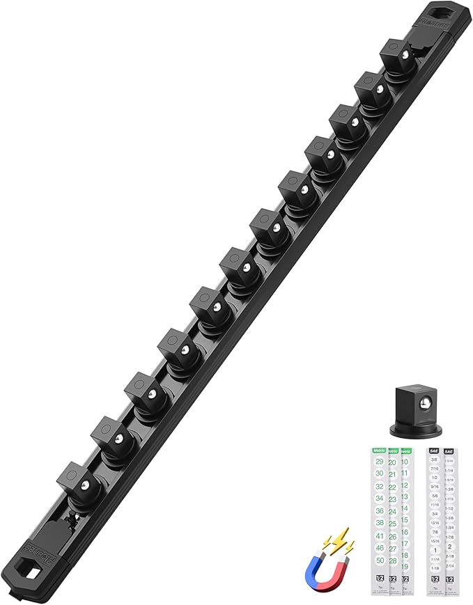 ALOANES Magnetic Socket Organizer Set, 1/2-Inch Drive Heavy Duty Aluminum Socket Rail Organizer, 360° Swivel Clips Socket Holder Kit for Toolbox Drawer Fit 1/2-Inch x 12 Clips (Black, 1PC)