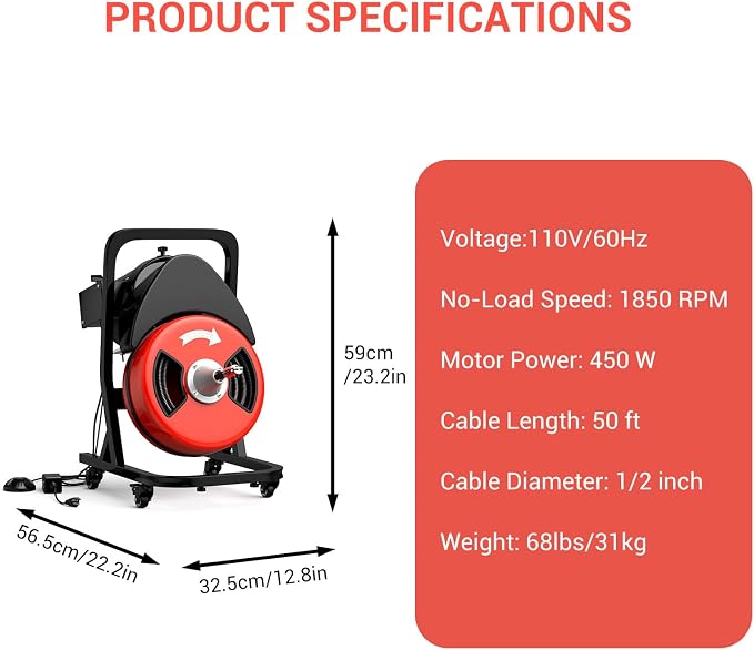 GarveeTech 50FTx1/2 Inch Drain Cleaner Machine with Wheels, Sewer Snake Electric Drain for 2" to 4" Pipes, Plumbing Snake Auger Cleaner with 6 Cutter & Foot Switch for Sewer, Sink, Toilet, Bathroom