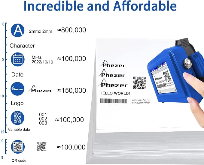 Phezer Mini Handheld Inkjet Printer PC11 for Flat and Curved Surface, with Touch Screen and Quick-Drying Ink Cartridge, Portable Pocket Marking Device for Label/Date/Barcode/Logo/Qrcode/Batch Number