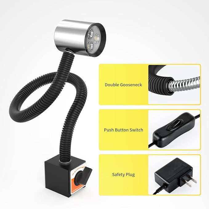 Led Magnetic Machine Work Light IP65 Water Proof Flexible Gooseneck lamp 900 Lumens 120 Volt for Lathe Milling Drill Press Industrial Lighting