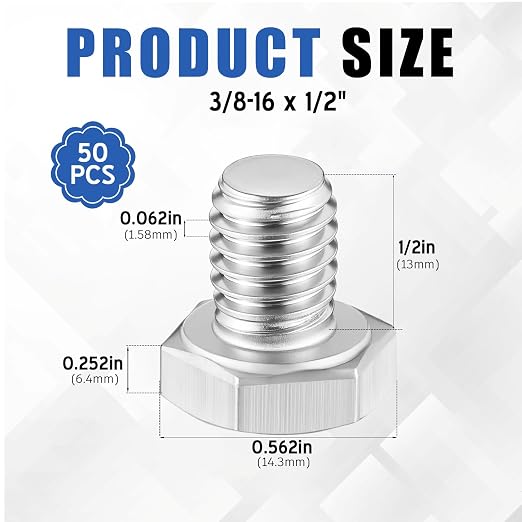 Zonon 50 Pcs 3/8-16 x 1/2" Hex Head Screw Bolt 18-8 (304) Stainless Steel Hexagon Bolts, Fully Threaded, Plain Finish, External Hex Drive (Silver)