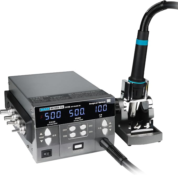 SUGON 8620DX 110V Digital Hot Air Rework Station 1300W,212℉-845℉ Adjustable Temperature C/F,4 Memory Storage,6 Air Nozzle,SMD Hot Air Station with Quick Change High Temperature Air Nozzle Bracket