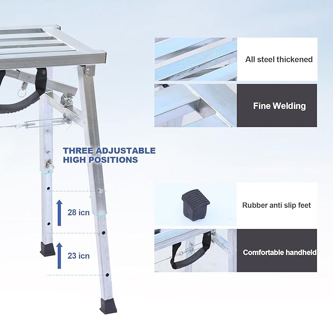 Adjustable Work Platform with 400 lb Duty Rating, Steel Step Ladder, Portable Folding Scaffolding Platform for RV Cleaning High Painting Walls, Drywall, Decorating (100 CM)