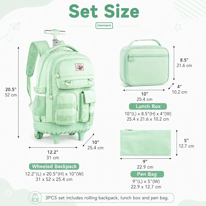 CCJPX Rolling Backpack for Girls Women, 21 inch Roller Wheels School Bookbag, Wheeled Suitcase Backpacks with Lunch Bag for Teen - Green