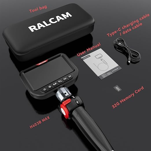 Ralcam 3mm Two-Way Articulating Borescope, 5 Inch HD Industrial Endoscope Inspection Camera with Light, Stainless Steel Flexible Fiber Optic Scope Camera 0.12in Automotive Mechanics Tool