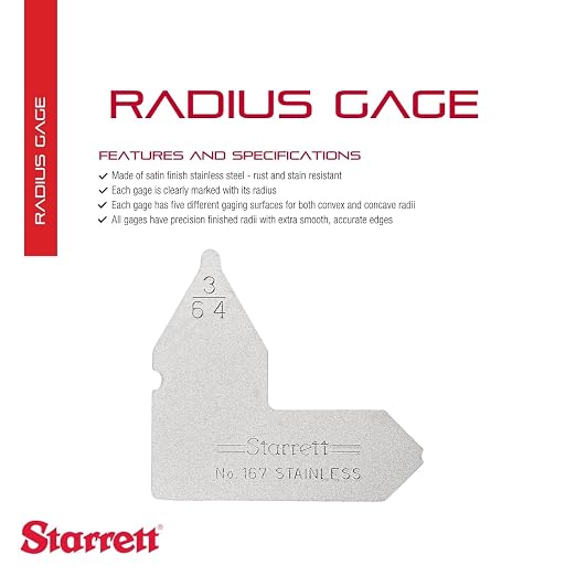 Starrett Individual Radius Gage with Extra Smooth, Accurate Edges for Convex and Concave Radii - Satin Finish Stainless Steel, 3/64" Range - 167-3/64