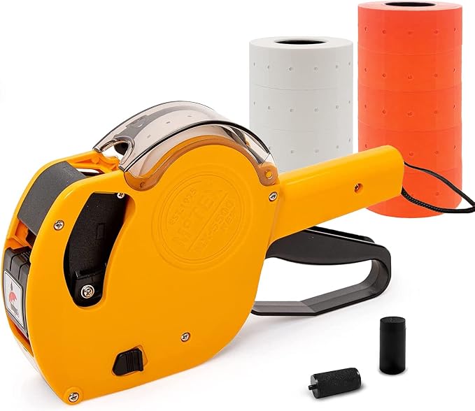 Motex Genuine MX-5500NEW 1 Line 8 Digits Price Tag Gun Kit - Includes 10,000 Blank Labels (White + Red) and 1 Pre-Loaded Inker with 1 Ink Refill - for Grocery Store, Retail Shop, Garage Sale (Yellow)