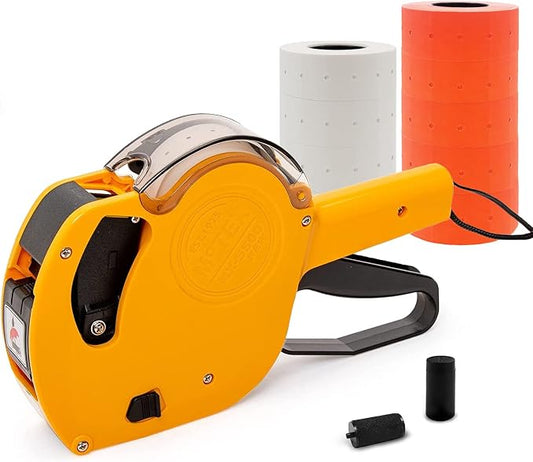 Motex Genuine MX-5500NEW 1 Line 8 Digits Price Tag Gun Kit - Includes 10,000 Blank Labels (White + Red) and 1 Pre-Loaded Inker with 1 Ink Refill - for Grocery Store, Retail Shop, Garage Sale (Yellow)