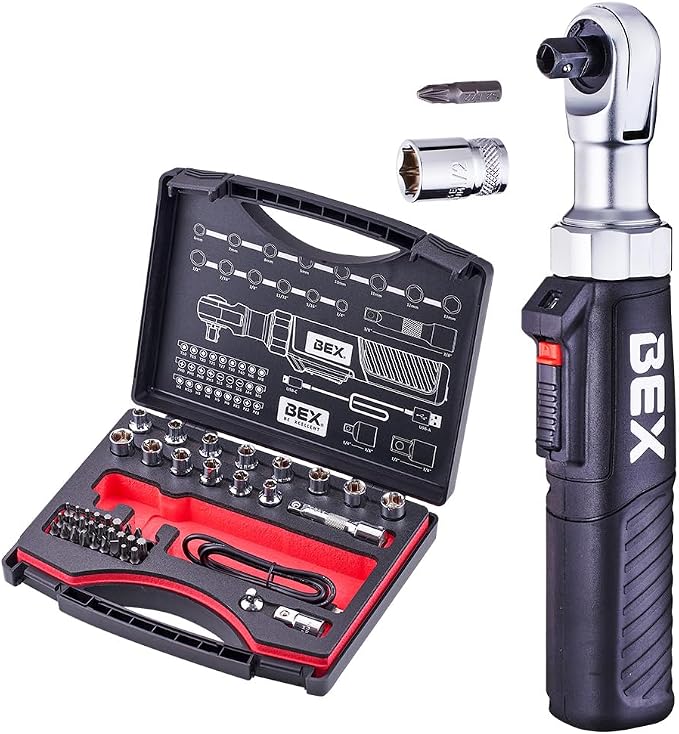 BEX 44pcs 2-in-1 3/8" Electric Ratchet Wrench and 1/4" Right Angle Screwdriver Kit for Tight Spaces USB-C Rechargeable, Socket & Bit Kit