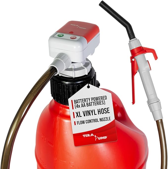 TERA PUMP TRFA02-MTX-XL Fuel Transfer Pump (2.5 GPM), AA Battery Powered Gas Can Pump, Flow Control Nozzle w/Universal Adapter + Utility Jug Adapter for Gas Diesel E85 E15-4.25ft Heavy-Duty Hose