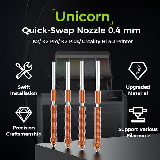 Creality K2 Plus/Hi Combo Nozzles, Original Unicorn K2 Hotend Nozzles, Extruder Replacement Nozzles Kit with Titanium Alloy Copper Alloy Hardened Steel Nozzle for Creality K2 Pro Combo (0.4mm 4PCS)