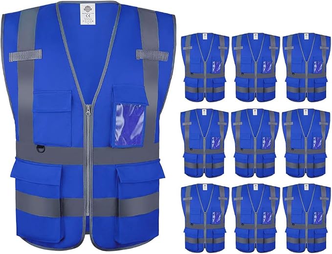 Dazonity Safety Vest with Pockets & Zipper,10 Pcs, Reflective, for Construction(Blue-2XL)