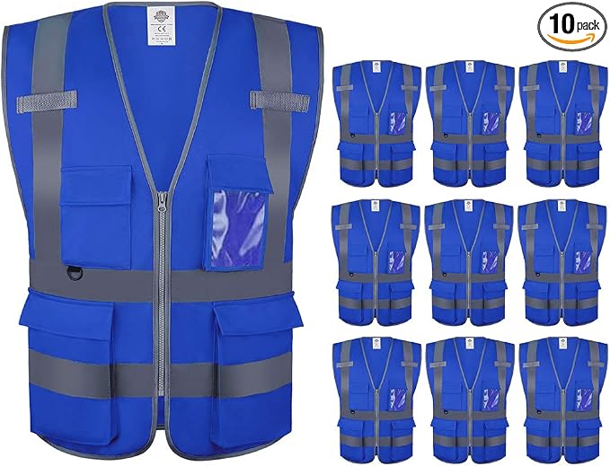Dazonity Safety Vest with Pockets & Zipper, 10 Pcs,Reflective, for Construction(Blue-XL)